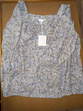 LC Lauren Conrad Floral Square-Neck Blouse in Light Blue and Mustard